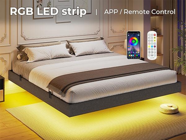 Sikaic Floating Bed Frame Linen Upholstered Platform With LED Lights Underbed Storage Space Dark Grey Angersbed Modern Headboard Unique Bedroom Furniture