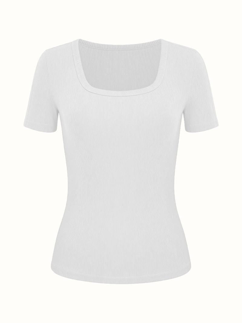 Women's Casual Slim-Fitting Short Sleeve Top, 3-Pack Plain Ribbed Square Neck T-Shirt, Medium Stretch Summer Basic Wear