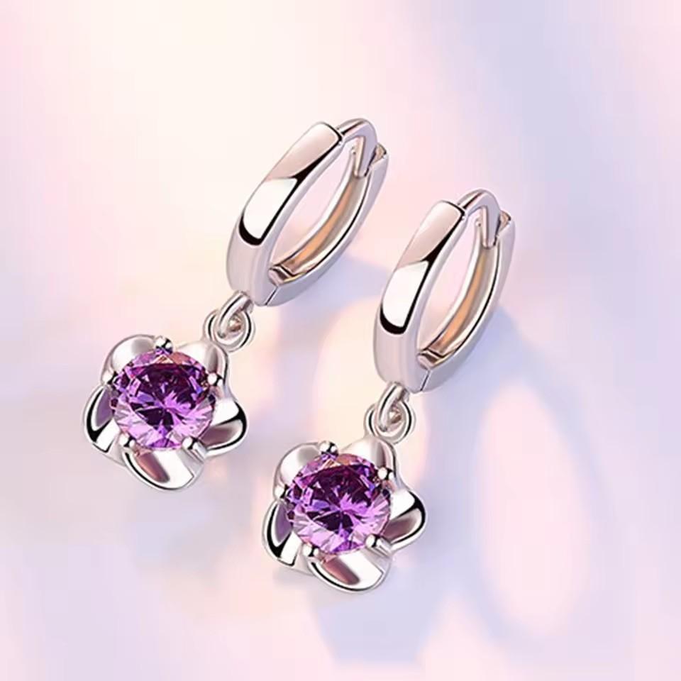 Silver Tone Purple CZ Flower Drop Earrings, Huggie Hoop Earrings with Floral Charm, Elegant Daily Jewelry for Women