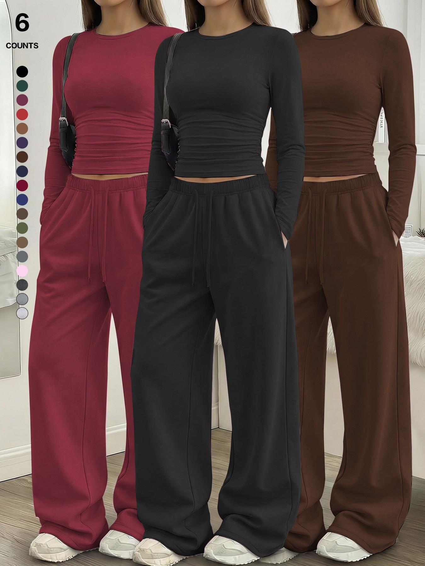 Women's Solid Ruched Drawstring Loungewear Set, Casual Long Sleeve Round Neck Top & Pocket Wide Leg Trousers, Spring Summer Sleepwear Pajama Set