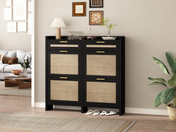 PieDle Furniture Oversized Rattan Shoe Storage Cabinet with 4 Flip Drawers & 2 Drawers – Hidden Slim Shoe Organizer for Entryway, Large Tabletop Space, Farmhouse Boho Narrow Shoe Rack