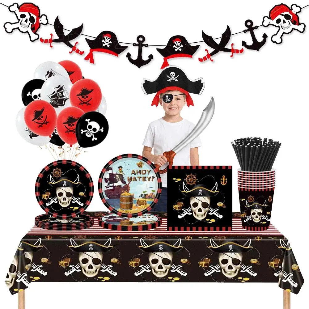 Pirate Theme Party Supplies Skull Birthday Decorations Paper Plates Cups Napkins Tablecloth Balloons Halloween Favors Prop Packs
