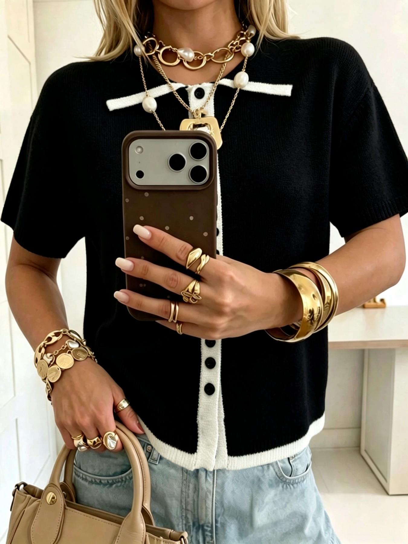 Elegant Polo Neck Button Front Pullover, Casual Colorblock Short Sleeve Top, Loose Fit Fall Fashion Women's Sweater