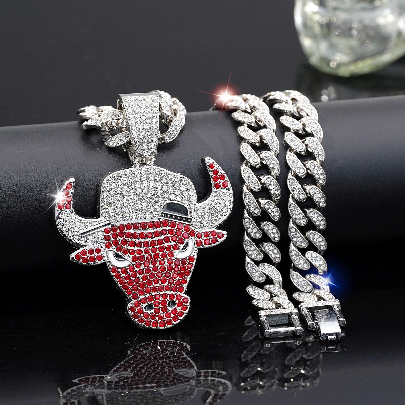 Men Hip Hop Full Diamond Necklace Red Bull Head Pendant Iced Out Cuban Chain Jewelry for Men Boys Gift Fashion Cool Streetwear Accessories