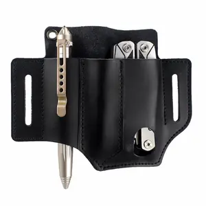 Leather Multitool Sheath for Belt, EDC Pocket Organizer Holder, Storage Belt Waist Bag Flashlight Holster, Multitool Pouch for Men Camping (Black)