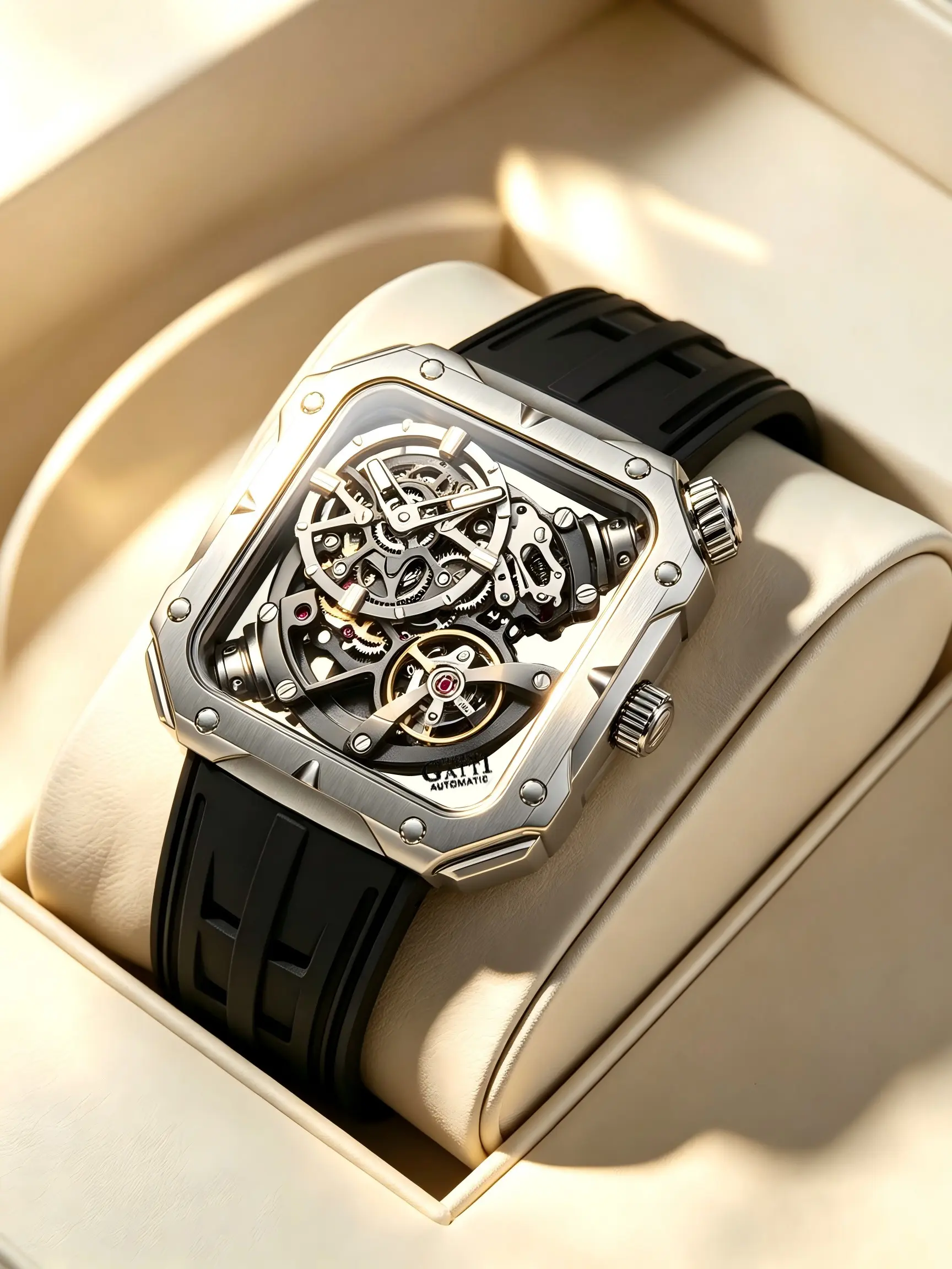 Bonest Gatti Men's Mechanical Watch, Classic Square Hollow Dial, Fluorine Rubber Strap, Luxury Dress Watch, Perfect Gift for Valentine's Day