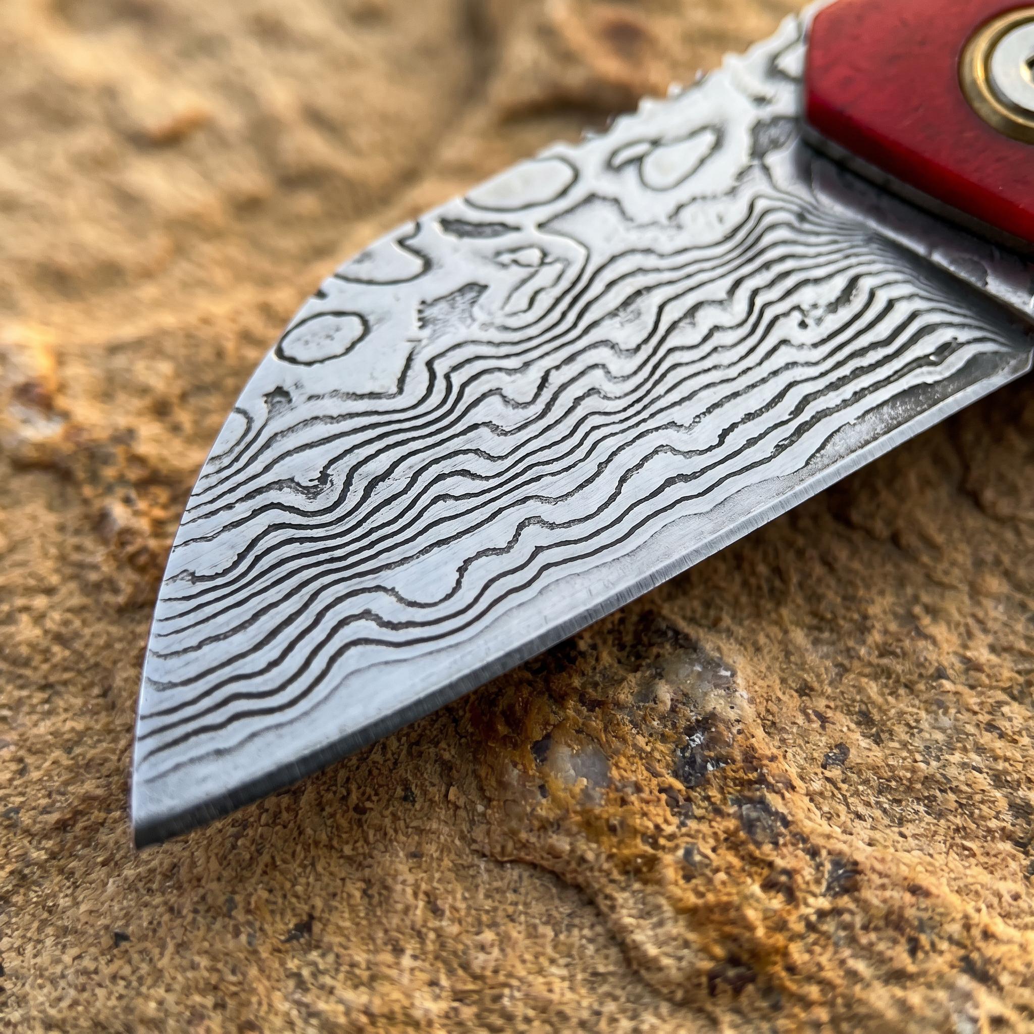 Mini Damascus folding knife, Portable knives, ultra-small and portable, handcrafted Damascus steel blade, dyed cow bone handle, with a hanging rope, practical tool for daily carry-on EDC, outdoor camping and hiking
