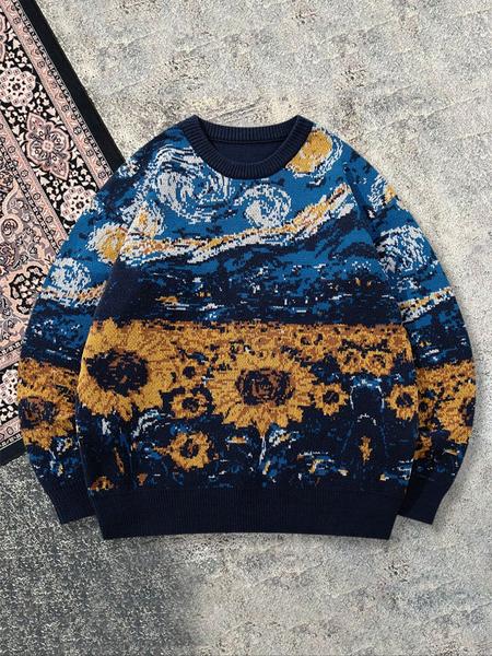 Men's Autumn Winter Casual Loose Fit Van Gogh Sunflower Starry Night Pattern Vintage Knit Long Sleeve Round Neck Pullover Sweater