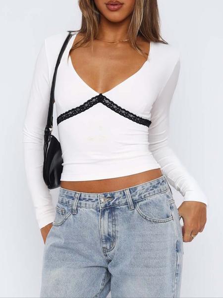 Women's Sexy Deep V Lace Patchwork Long Sleeve Top, Autumn Winter Casual Fashion, Slim Fit Women's Clothing for Daily Wear
