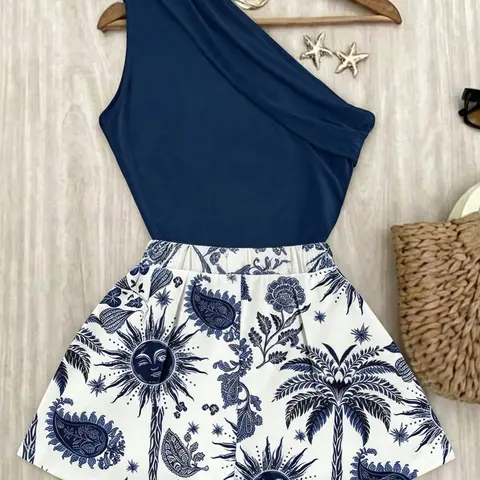 Bohemian Style Navy Blue Two-Piece Set, Casual Fashion One-Shoulder Sleeveless Top & Paisley Print High-Waisted Shorts, Retro Ethnic Style Tank Top & Hot Pants Set for Beach & Vacation, Women's Summer Shorts Matching Set