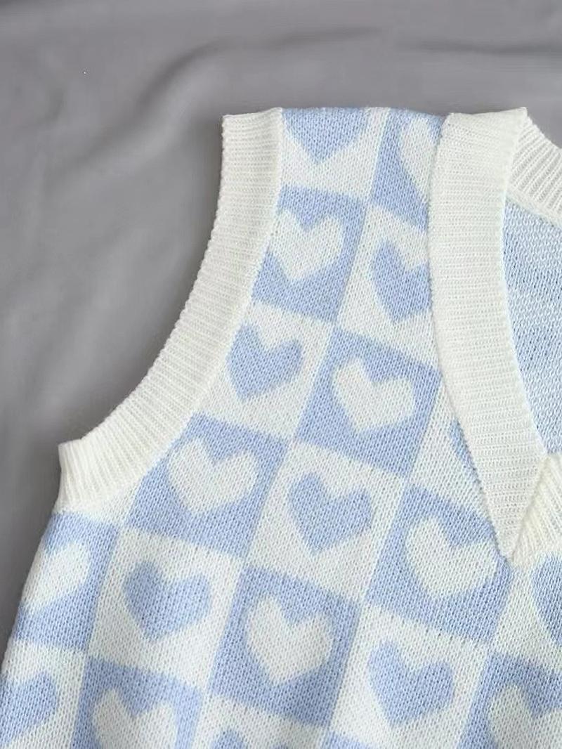 Women's Heart Print V Neck Sweater Vest, Casual Comfy Sleeveless Knit Top for Daily Outdoor Wear, Women Knitwear for Spring & Fall