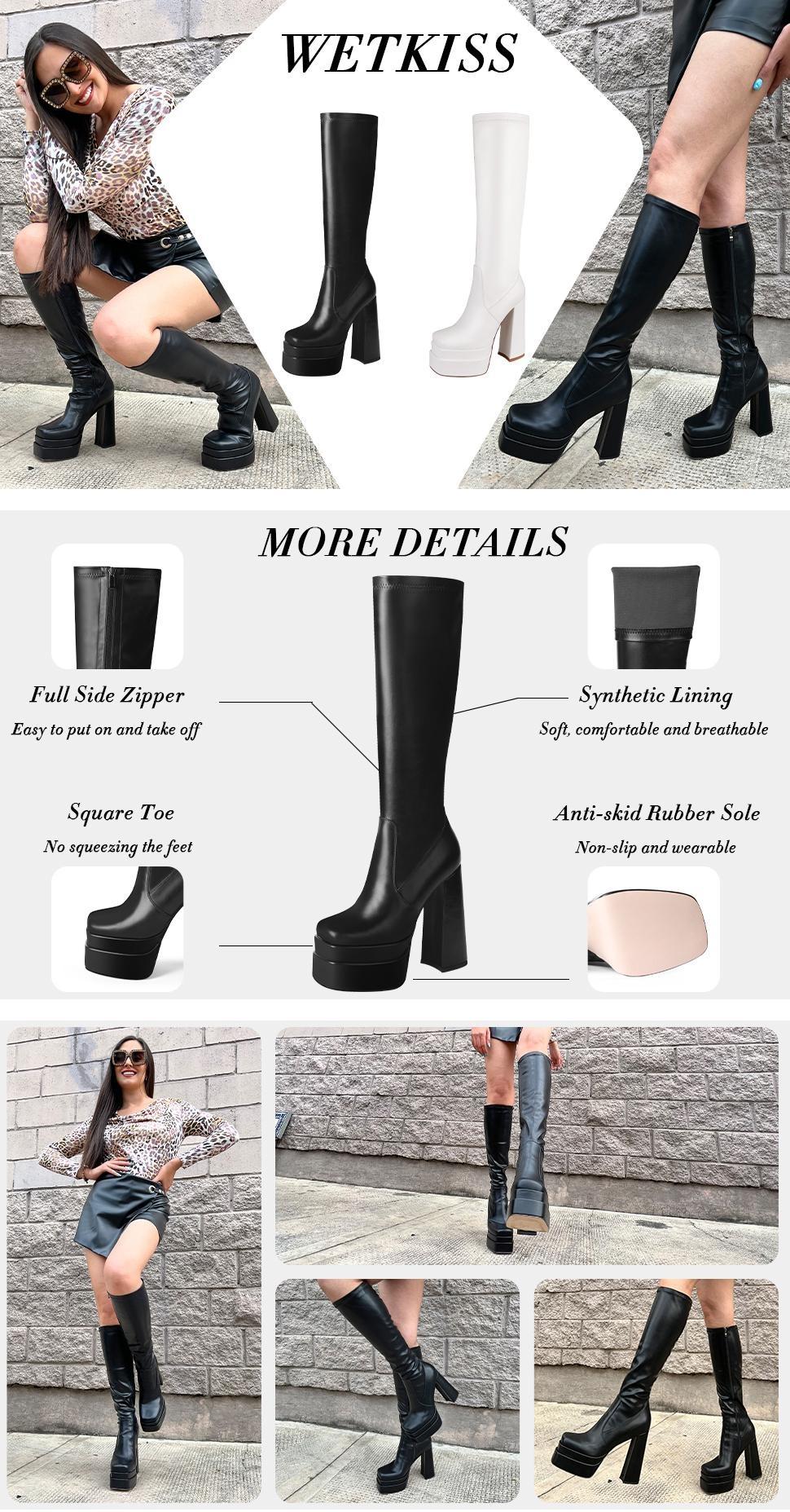 Wetkiss Stacked Platform Knee High Boots for Women With High Chunky Heel, Gogo Boots for Women with Square Toe Side Zipper Stretch,Women's Shoes,Women's Boots #TikTokShopStockUp