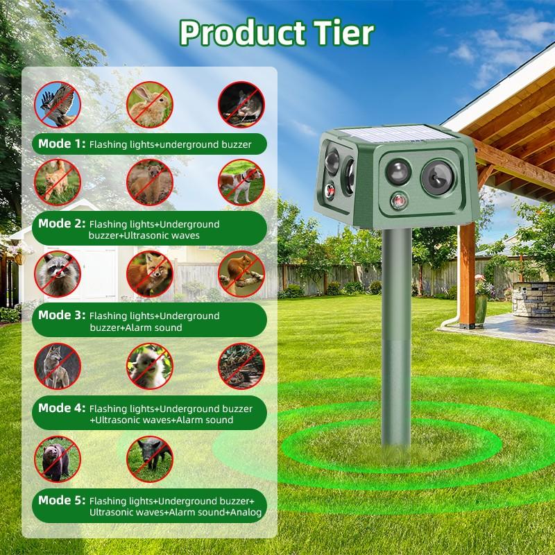 Four-sided Inductive Ultrasonic Rodent Repellent Device, Solar Bird Repellent Device, Cat Repellent Device, Bottom Vibrating Rod Animal Repeller. Suitable for gardens, farms and orchards.