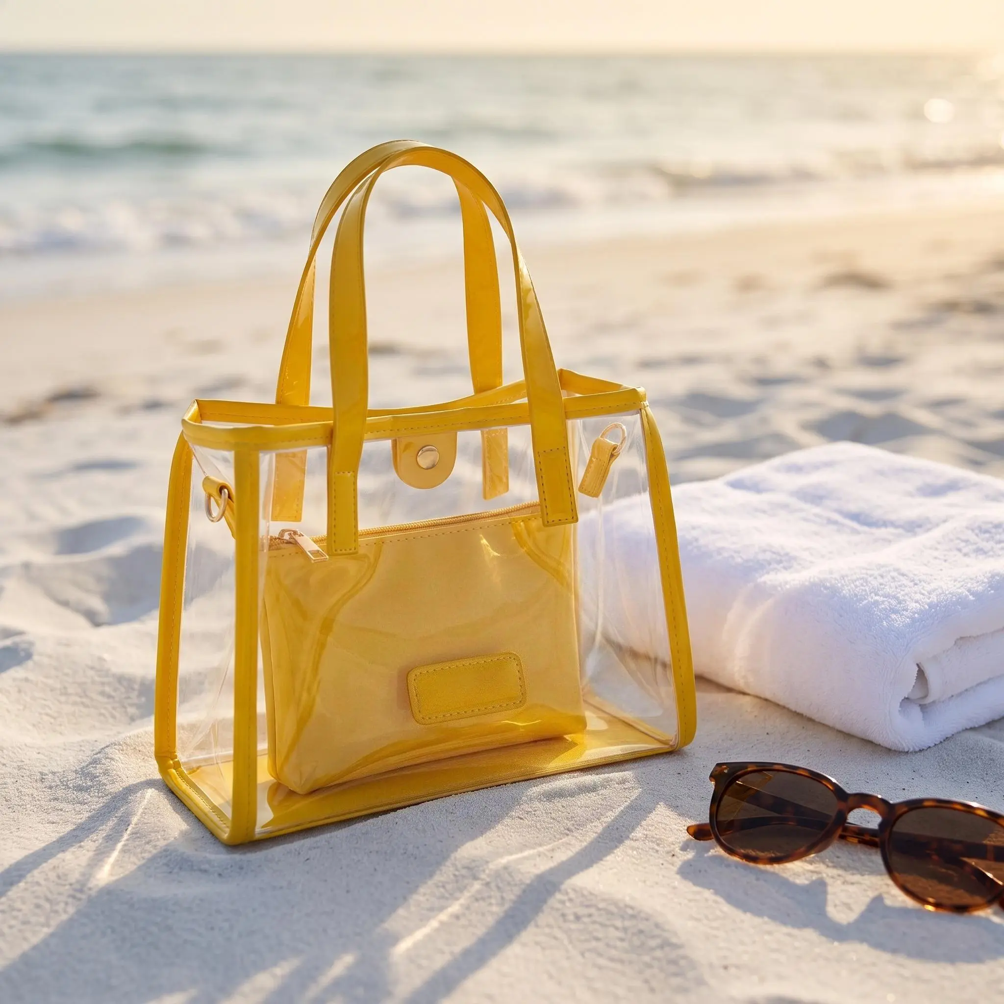 Clear Stadium Approved Tote Bag - Stylish PVC Transparent Handbag with Inner Pouch, Waterproof Shoulder Bag for Beach, Concerts & Daily Commute