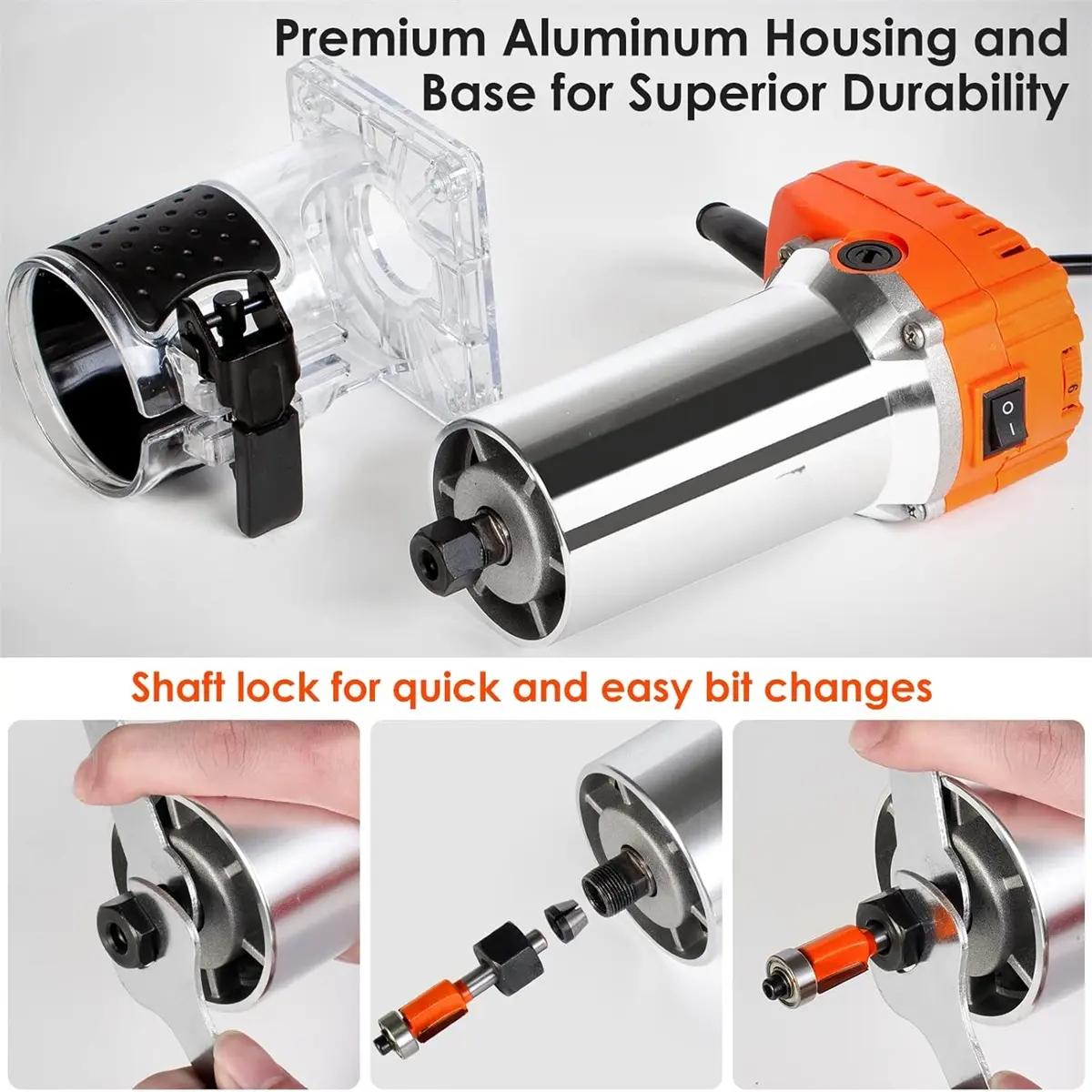 Compact Router, 6.5-Amp 1.25 HP Compact Wood Palm Router Tool, 6 Variable Speeds Wood Trimmer with 15 Pieces 1/4" Router Bits Set edge guide router bit wood router