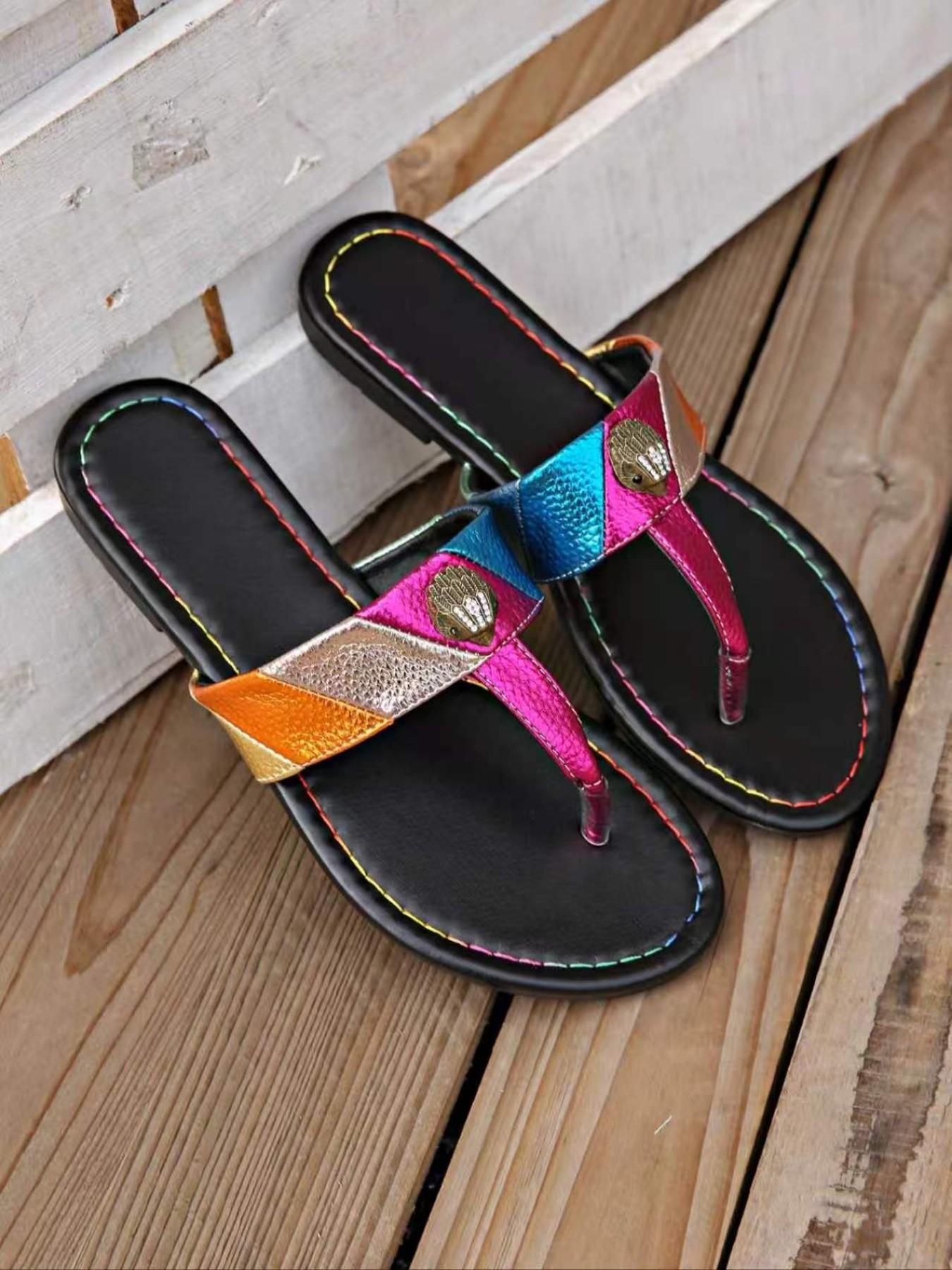 2026 New Colorblock Eagle Head Casual Sandals for Women, Summer Outdoor Rainbow Contrast Toe Posture Slippers, Flat Beach Cool Flip Flops