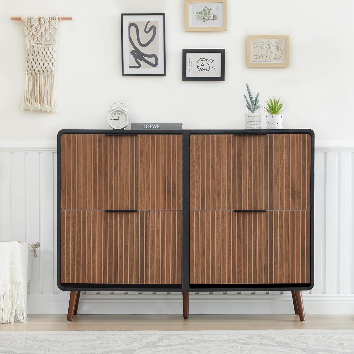 Giratree 47" Fluted Large Shoe Cabinet with 4 Flip Drawers, Slim Freestanding Shoe Cabinet Organizer, Narrow Shoes Storage Rack for Entryway, 5 Sturdy Legs