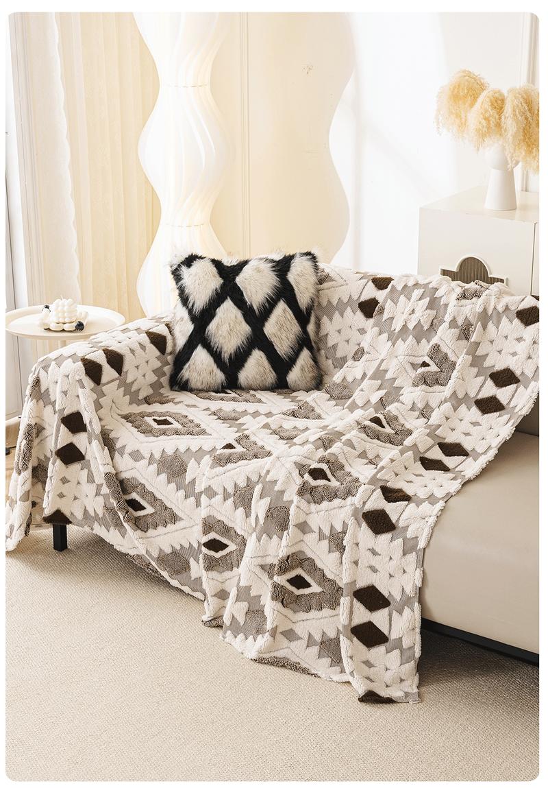 1 Piece Boho Plush Sofa Cover Blanket Couch Cover | Geometric Pattern | Multi-Color Multi-Size | Pet-Friendly Anti-Scratch Sofa Scarf | 4-Season Universal Sofa Throw | Stain-Resistant Washable Furniture Cover | Living Room Bedroom Dining Office |