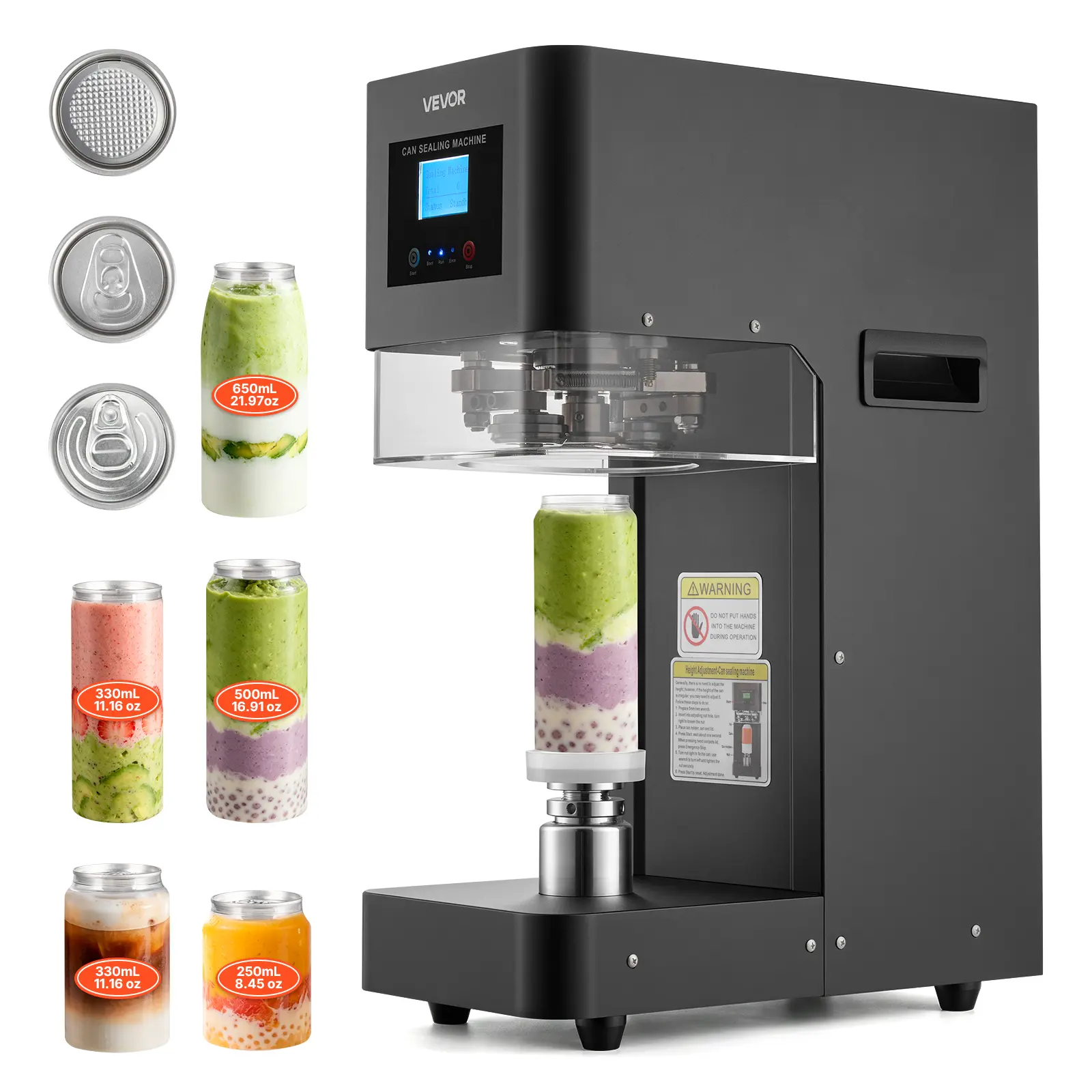 Can Sealer Machine, Automatic Commercial Soda Can Sealing Machine for 2.17 in (55 mm) Aluminum and Plastic Cans, Height Adjustable, Steel Housing Beverage Drink Seamer, for Coffee Shop, Black