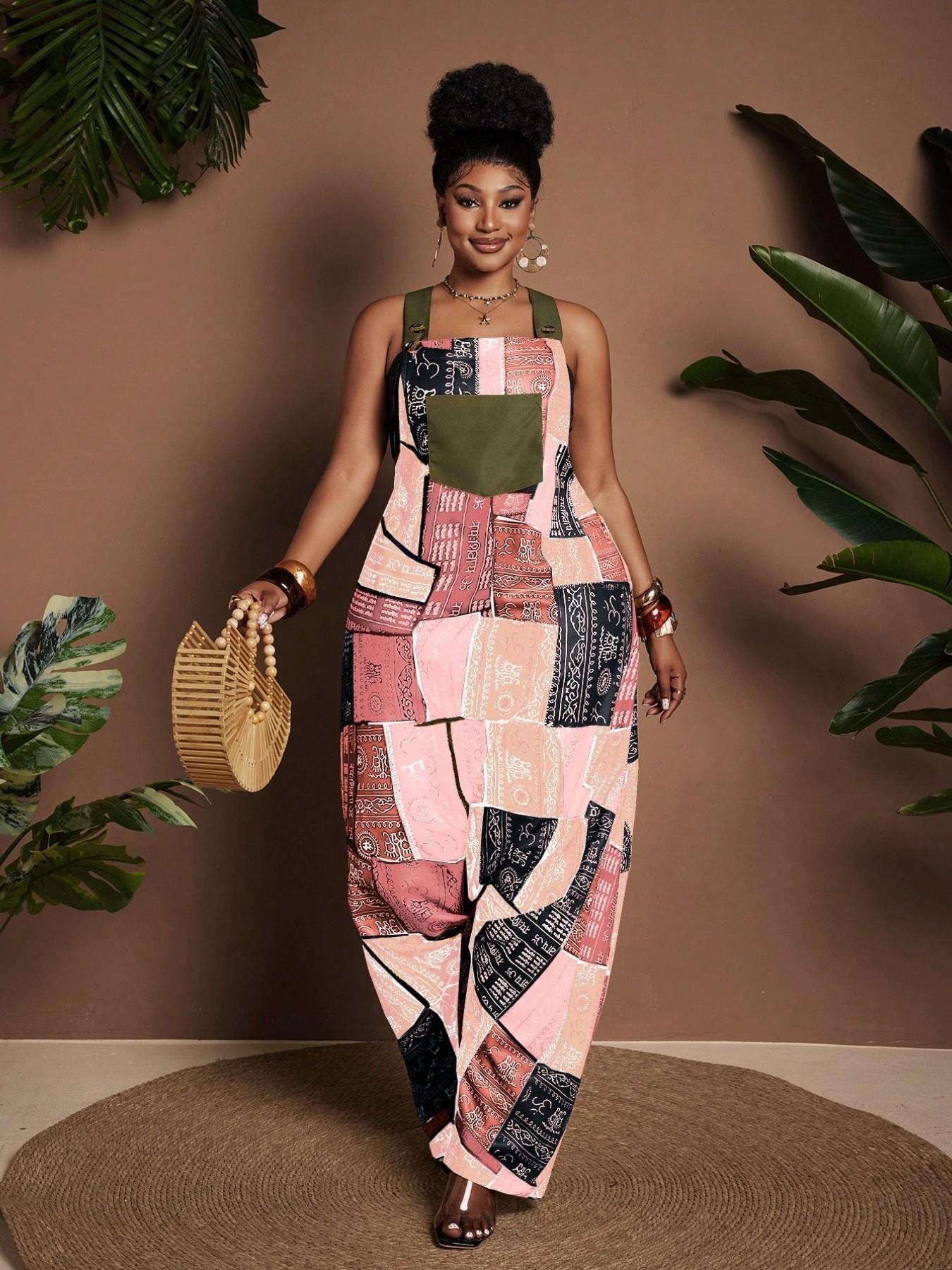 Women's Patch Printed Jumpsuit, Loose Wide Leg Workwear, Bohemian Fashion Style, Ideal for Vacations, Beach Trips, Music Festivals