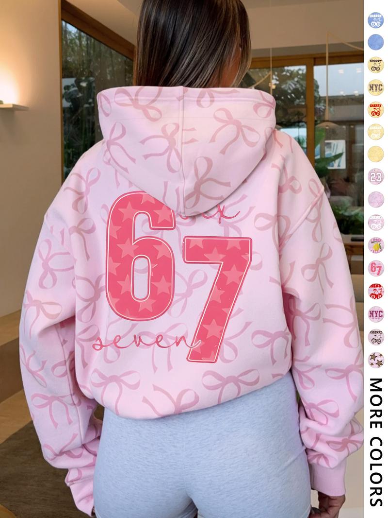 Women's Hooded Sweatshirt with Bow Print, Long Sleeve Fitted Casual Top, Spring & Fall Fashion, Perfect Gift for Valentine's Day