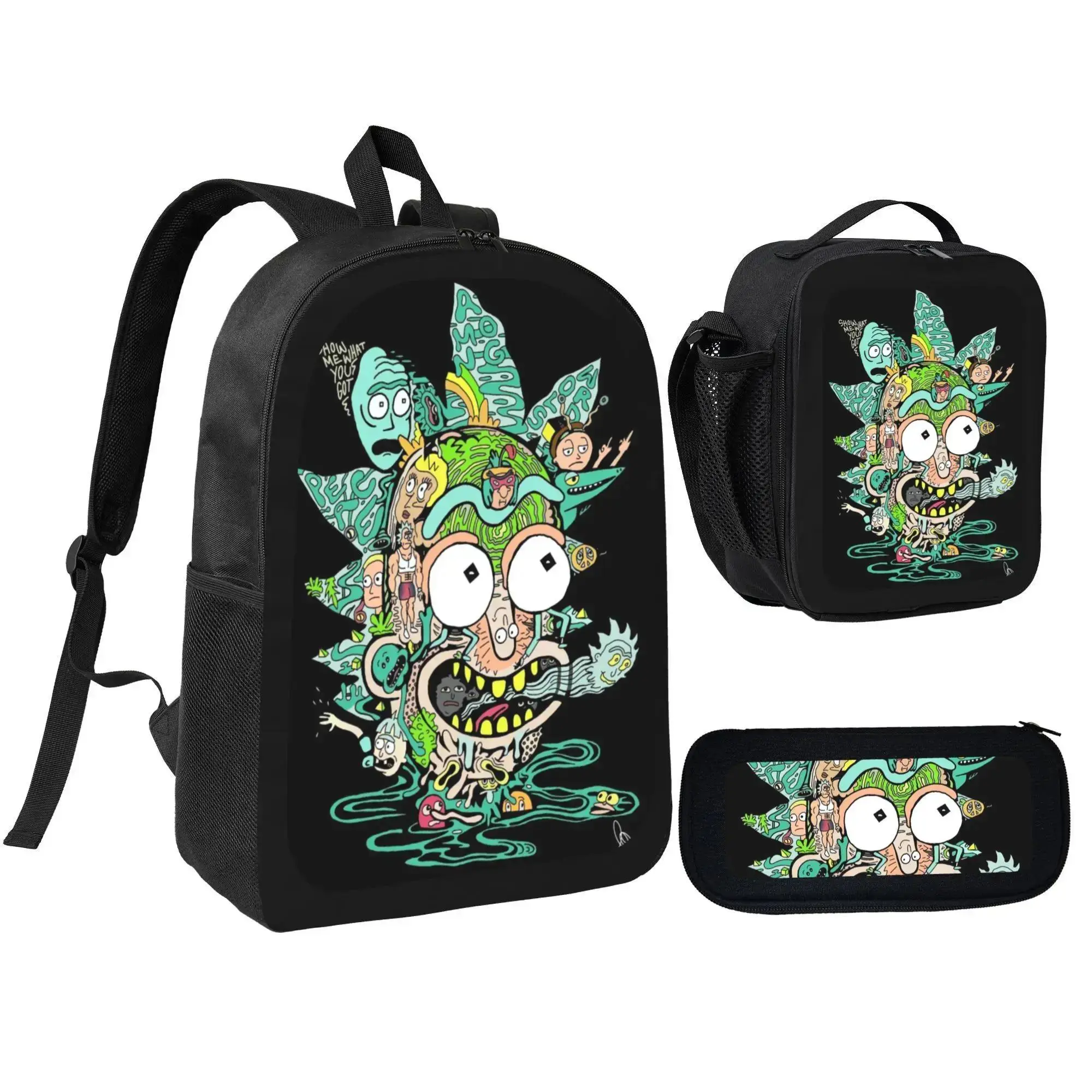 Rick and Morty 3PCS Backpack Set, Cartoon Character School Backpack with Lunch Bag & Pencil Case, Large Capacity Student Bookbag for Teens Kids, Anime Fan Gift, Back to School Essentials