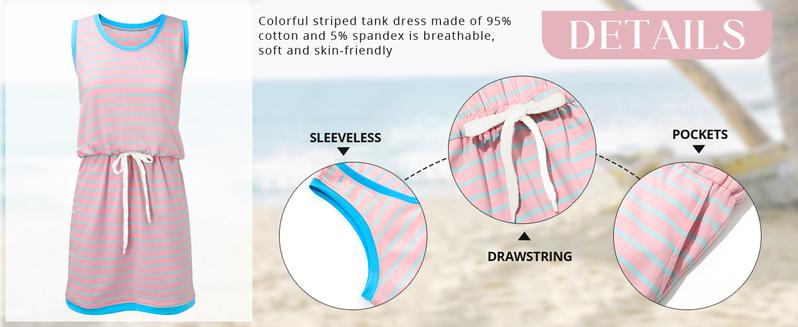 Imily Bela Womens Summer Sleeveless Striped Dress Drawstring Waist Casual Tank Mini Dresses with Pockets