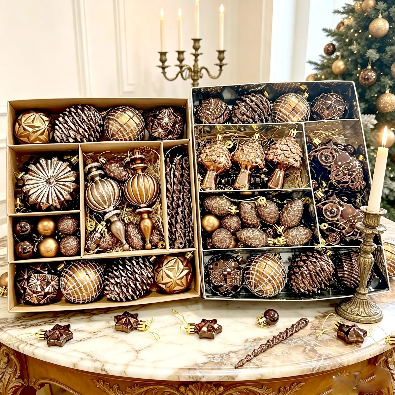 Vintage Coffee Color Christmas Balls, Luxe Embossed Pinecone Owl Ornaments, Waterproof Thick Plastic, Holiday Decorations
