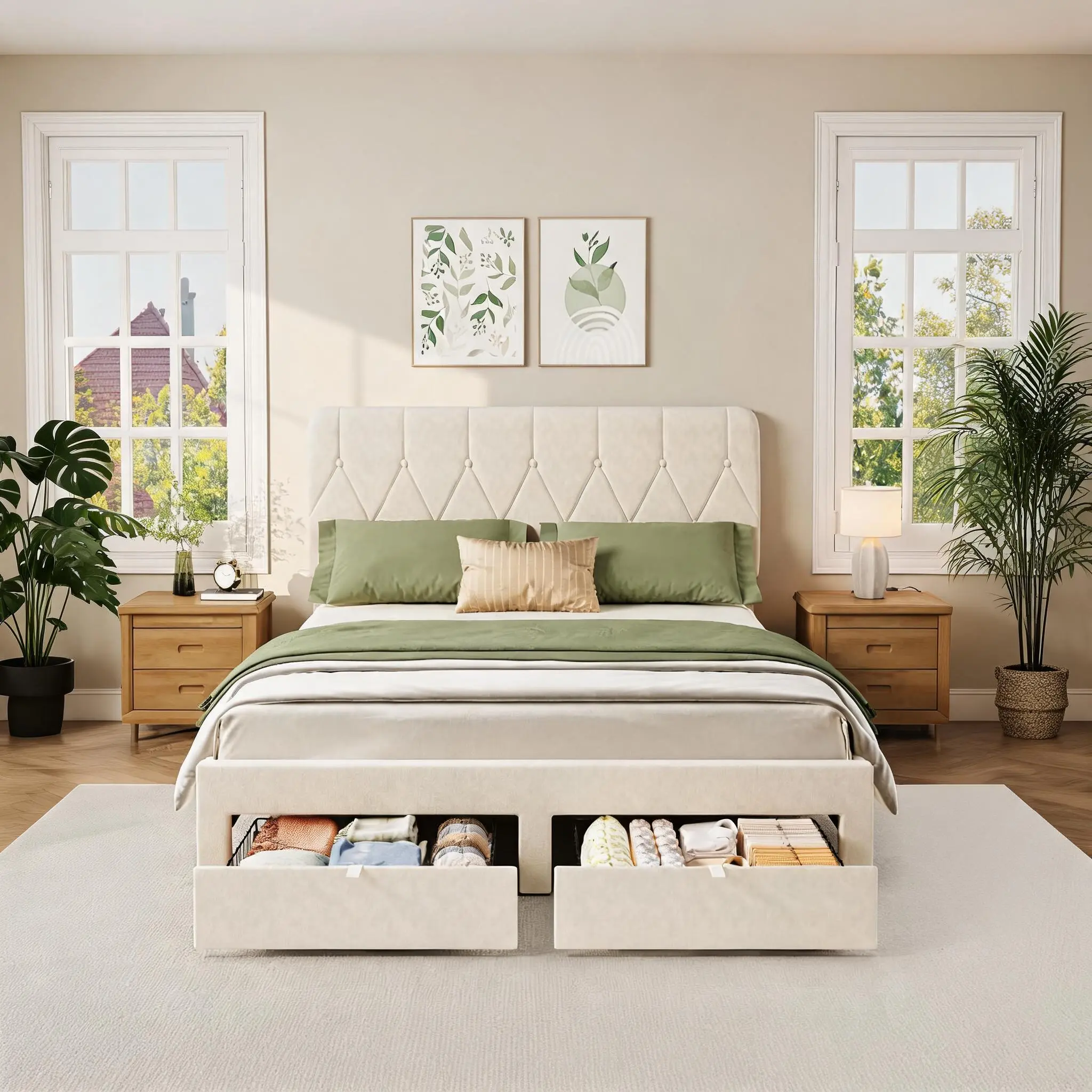 Garvee Queen/Full/King Size Velvet Bed with Storage Drawers – Button Tufted Headboard, 1000 lbs Capacity, Wooden Slat Support & Rolling Compartments