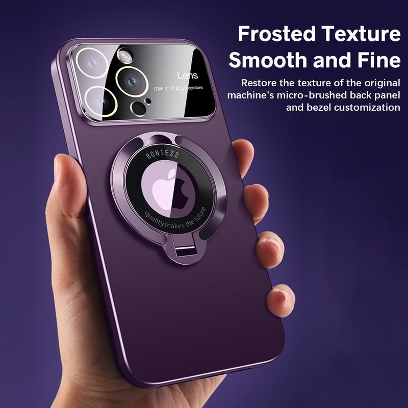 Luxury Slim Matte PC Bracket Case for iPhone 17 Pro Max 16 15 14 13 12 Magsafe Magnetic Ring Stand Case +Lens Protect Compatible with Magsafe, Window Glass Lens Camera Protector Magnetic Cover