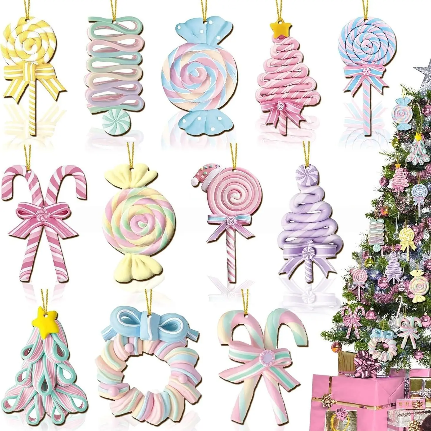 12 Piece Christmas Candy Lollipop Decorations, Wooden Hanging Ornament, Mint Sugar Stick Ball Pendant, Decoration Set, Perfect for Christmas Tree Decoration