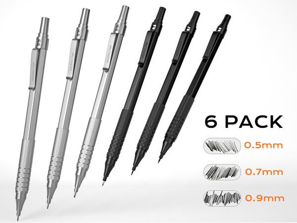 Nicpro 0.5 & 0.7 & 0.9 mm Metal Mechanical Pencil Set with Case, 6 PACK MP1000 Artist Lead Pencil with 12 Tubes HB & 2B Lead Refills, 3 Erasers For Architect Art Writing Drafting Sketching Drawing