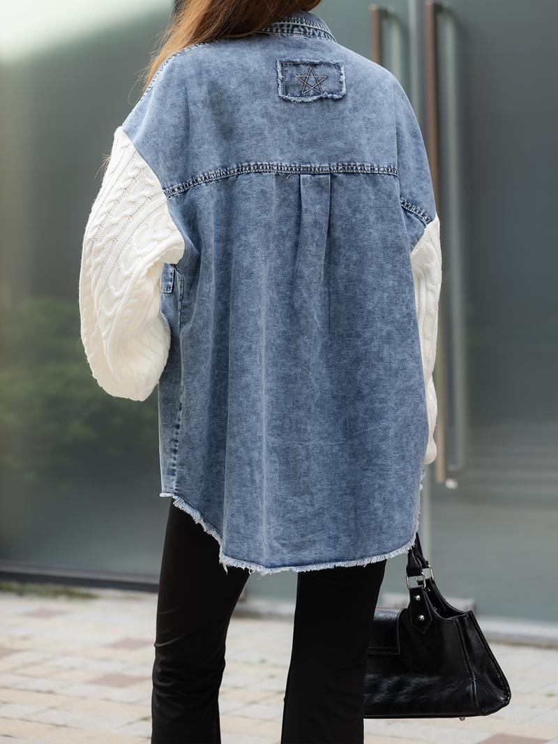 MIDIR0SS Denim Shacket with Knit Sweater Sleeves – Casual Oversized Button-Up MIDIR0SS Denim Shacket with Knit Sweater Sleeves – Casual Oversized Button-Up