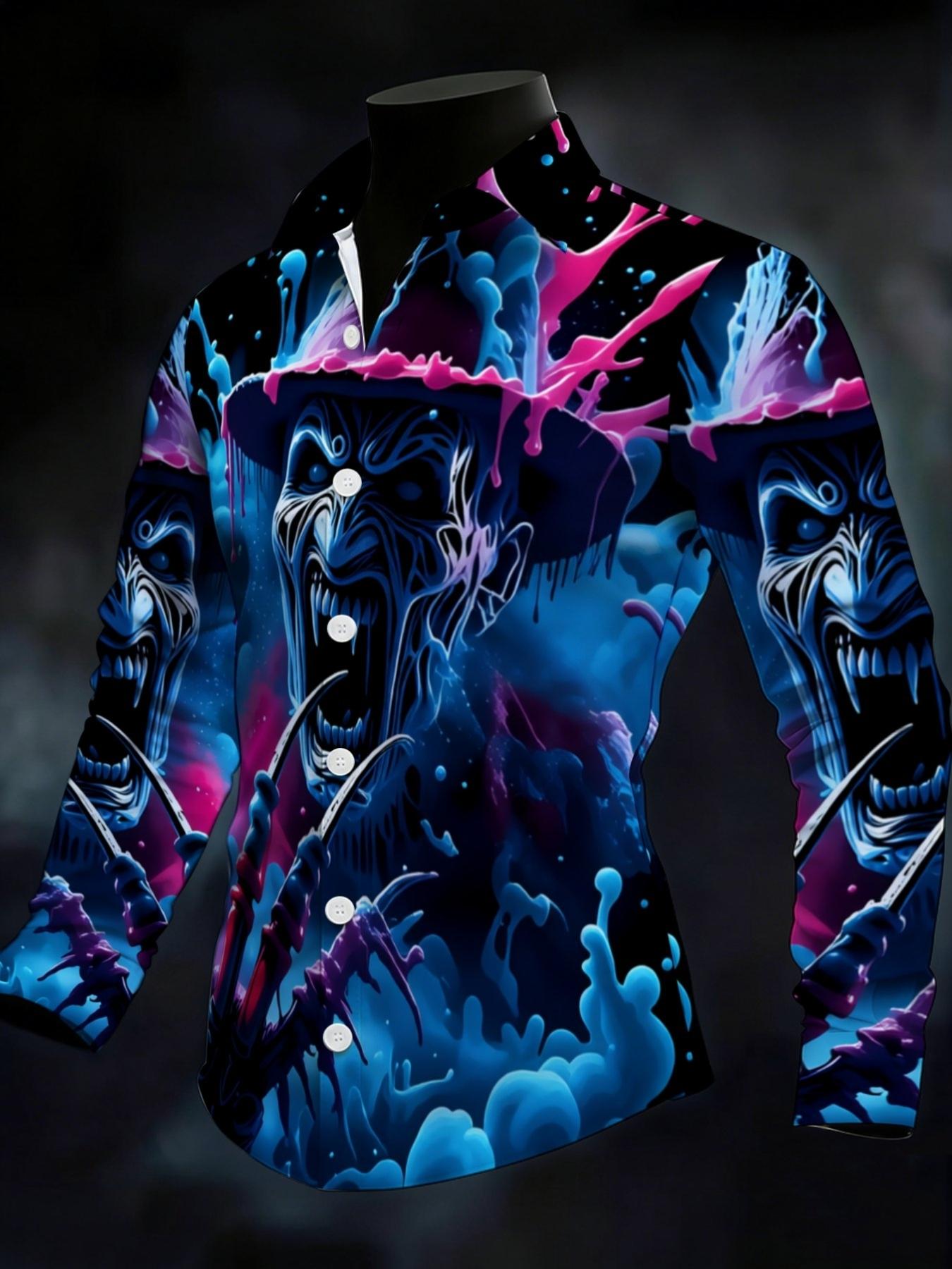Men's Summer Long Sleeve Shirt Fashion Casual with a Freddy Krueger-style neon horror splatter print Button Shirt