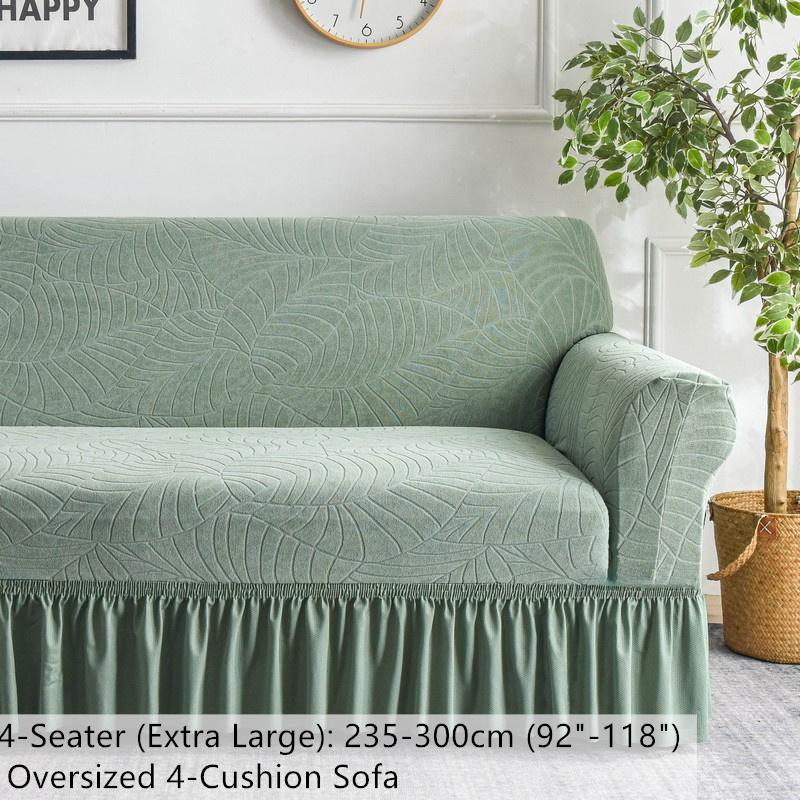 Water Repellent Stretch Sofa Cover, Ruffle Skirt, Leaf Jacquard, Anti-Slip, Pet & Kids Friendly, Furniture Protector for 1/2/3 Seater, Washable Elastic Sofa Slipcover