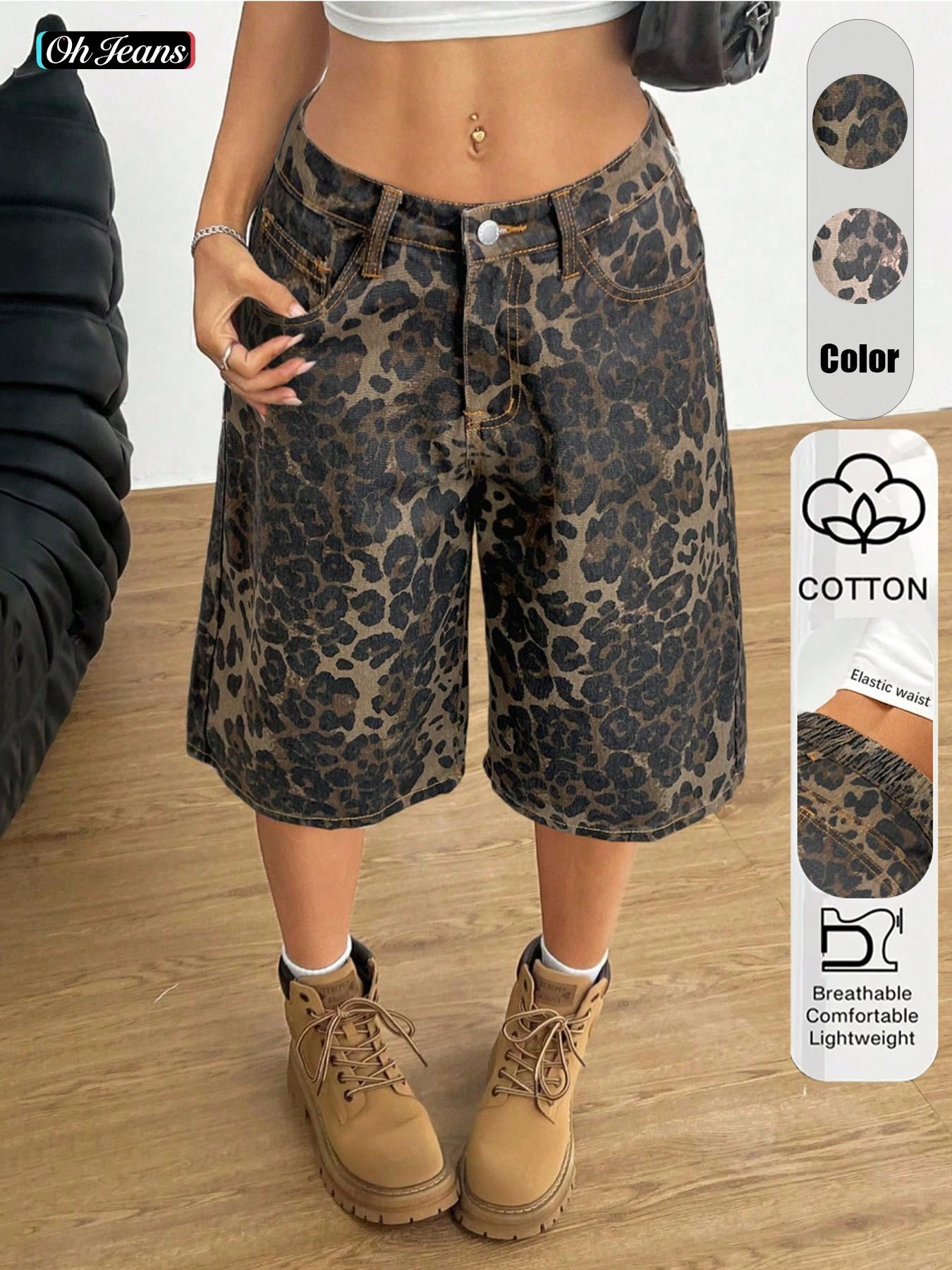 Women's Leopard Print Denim Capri Pants, Casual Wide Leg Loose Fit Shorts, Slant Pocket Design, Fashionable Versatile Summer Wear