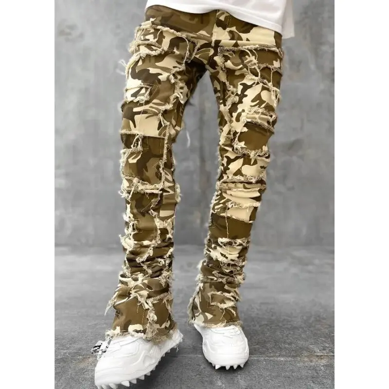 summer spring clothes Men's Regular Fit Stacked Jeans Ripped Slim Fit Patch Distressed Destroyed Straight Denim Pants Hip Hop Streetwear Trouser Cloth