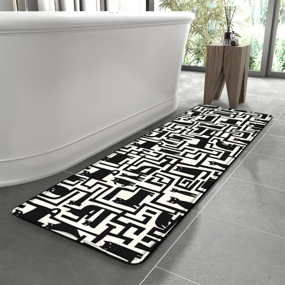 1PC， Black and White Geometric Maze Pattern strip rugs, home décor, bathroom mats, entryway mats, bathroom non-slip mats, indoor entrance rugs, bedroom bedside mats, kitchen mats, hallway rugs, flannel sponge rugs, hallway runner rugs