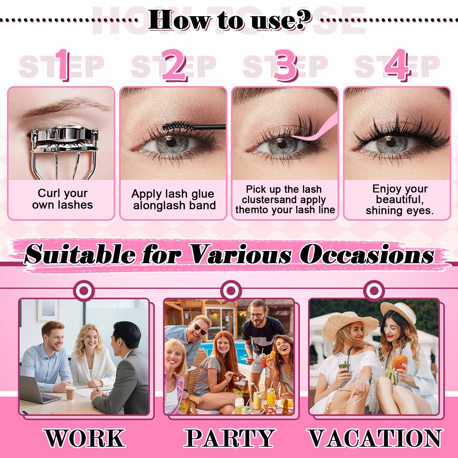 Manga Cartoon Lash Extension Kit, Self-Adhesive Individual Cluster Lashes, Natural Pointed Wet Look Eyelashes with Glue & Tweezers, Beginner Friendly DIY Lash Set for Home Makeup