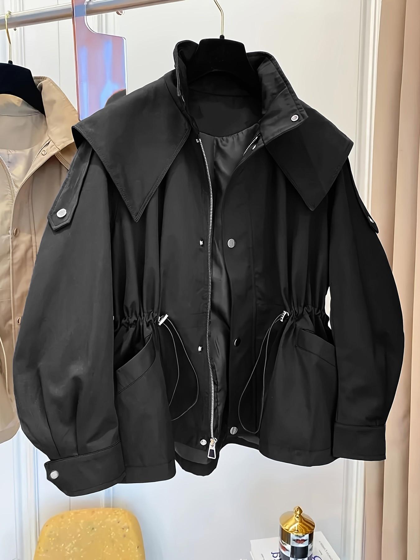 Women's Elegant Baggy Windbreaker Coat, Workwear Jacket, Drawstring Waist Design, Pockets Included, Essential for Fall and Winter