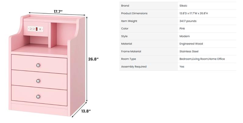 Sikaic Nightstand with Charging Station Storage Drawers Pink Furniture Bedroom Modern Home Organize Bedside Shelf Organizing