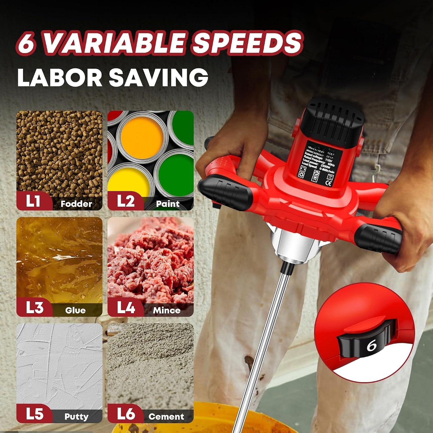 Cement Mixer, Max 2300W Electric Concrete Mixer with 6 Adjustable Speeds, Portable Mortar Mixer, 110V Handheld Mud Mixer for Mixing Mortar, , Slurry, Gypsum, Sheetrock, Feeding