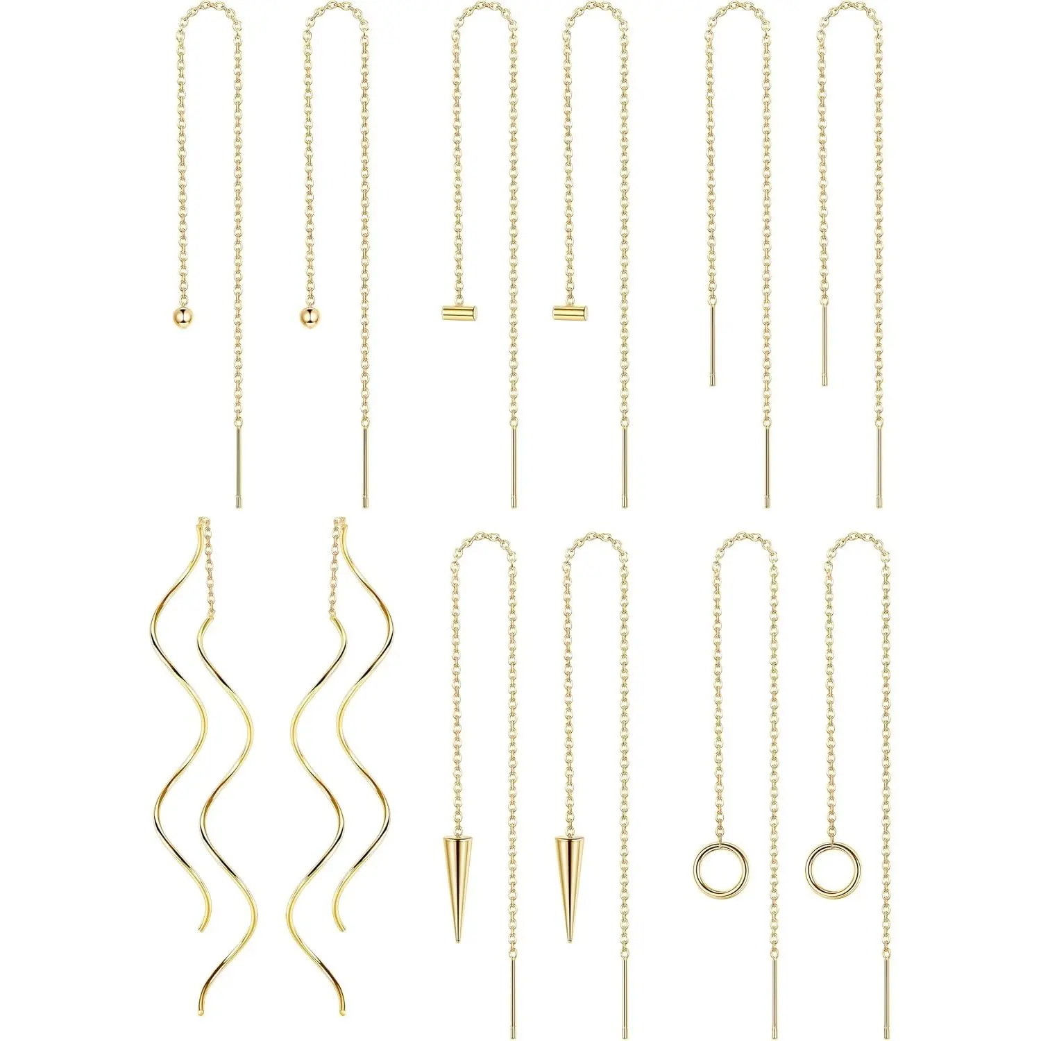 THUNARAZ 6 Pairs 316L Stainless Steel Threader Earrings for Women Minimalist Silvery/Golden/Black/Rose Golden Chain Tassel Earrings Lightweight Ball Twist Circle Threader Dangle Drop Earrings Long Chain Earrings Set