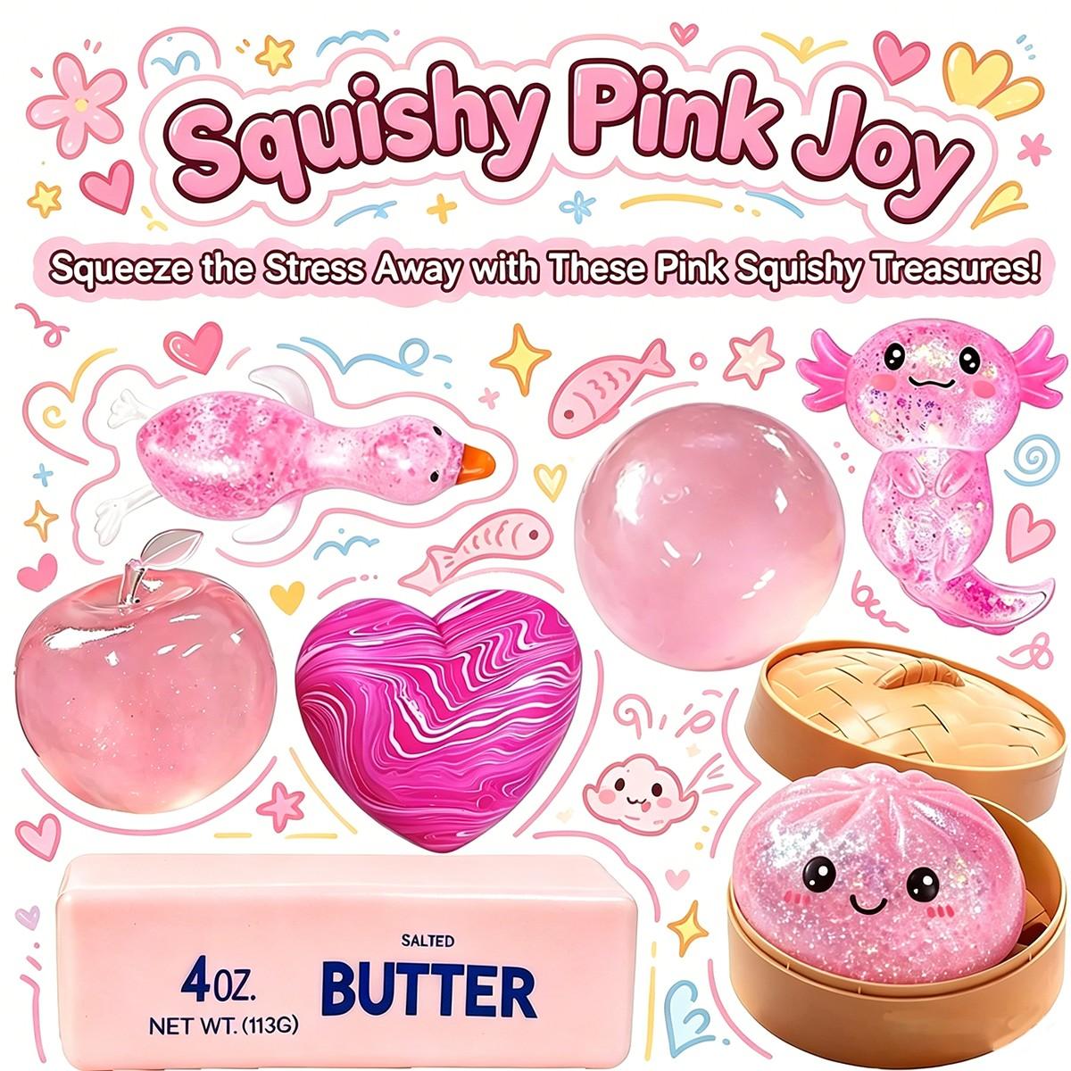 7 Pack Pink Series Glitter Squeeze Stress Relief Toys, Stress Relief Fidgets, Soft Portable Sensory Fidget Balls, Apple Round Ball Swirl Heart Butter Stick Bun Salamander Duck Squishy Toys, Ideal Birthday & Party Gifts for Kids Adults Anxiety Relief