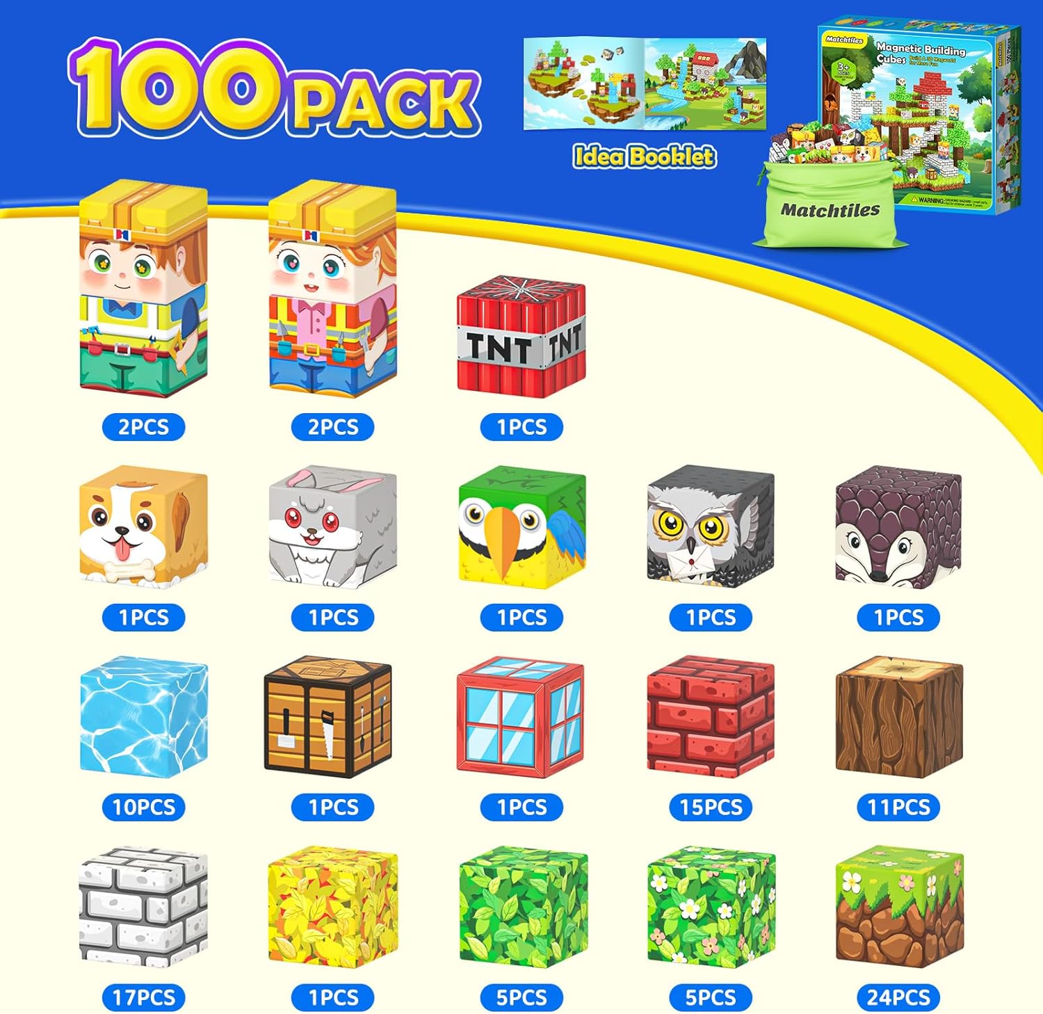 Magnetic Building Blocks-100PCS with Storage Bag STEM Montessori Toys Build Mine Magnet World Classroom Must Haves Birthday Gift