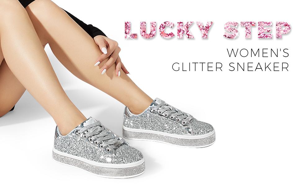 LUCKY STEP Women's Platform Glitter Sneakers Sparkly Bling Shiny Dressy Bedazzled Wedding Bridal Fashion Walking Shoes with Non-Slip TPR Outsole & Rhinestone Embellished