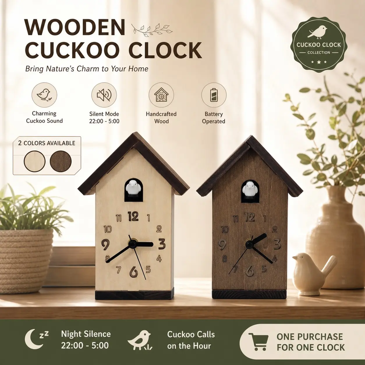 Handcrafted Wooden Cuckoo Clock, Desktop Clock, Embossed Numerals, Hands, Chiming Bird, Perfect Gift for Holidays and Parties