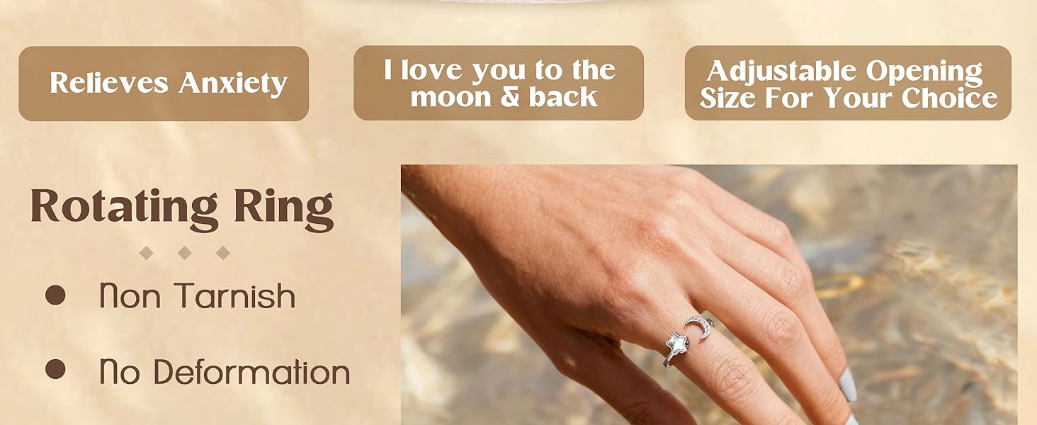 MILACOLATO Fidget Ring for Women Kids Girls Anxiety Rings Open Adjustable Silver Sunflower Opal Moonstone Star Moon Snow Lotus Spinner Mood Rings Knuckle Rings Jewellery