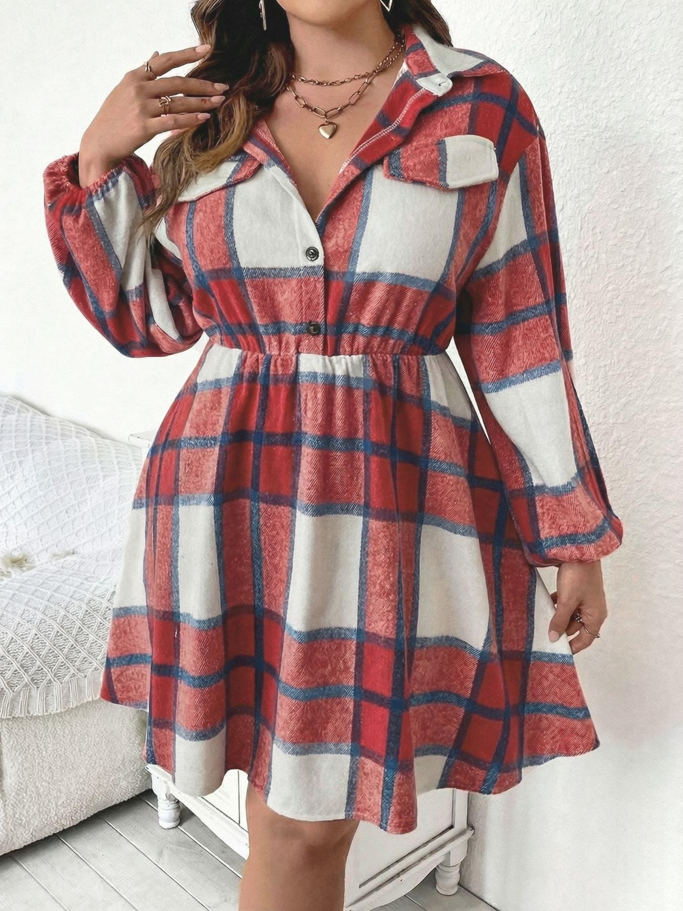 Women's Plus Size Plaid Shirt Dress, Long Sleeve Button Front Casual Short Skirt, Fall & Winter Fashion, Fitted Moderate Fabric