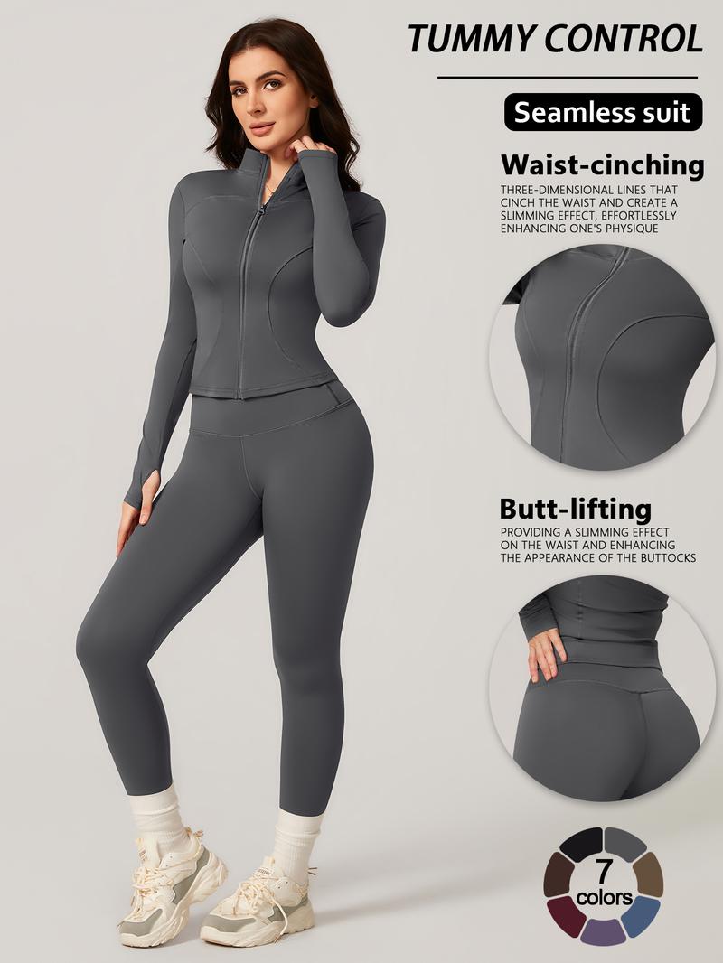 Women's Two-Piece Slim-Fitting Workout Set, Long Sleeve Top and Below-Ankle Sports Pants with Natural Waistline, All-Season Wearable Comfort Tracksuit Set